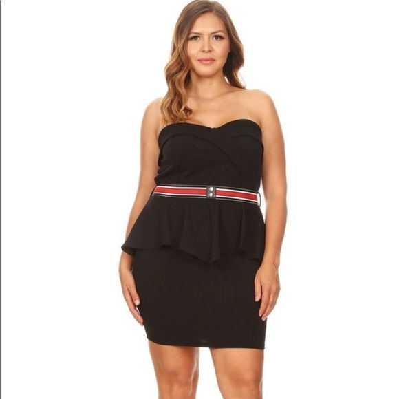 Strapless Black  Belted Peplum Dress - Picture 2 of 4